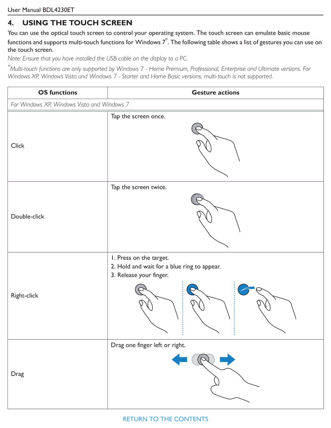 Philips BDL4230ET user manual Using the Touch Screen, OS functions Gesture actions 