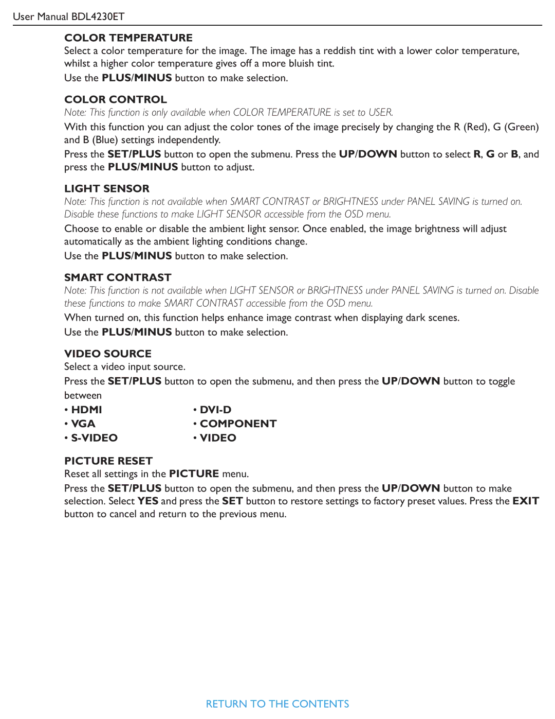 Philips BDL4230ET Color Temperature, Color Control, Light Sensor, Smart Contrast, Hdmi DVI-D VGA, Video Picture Reset 