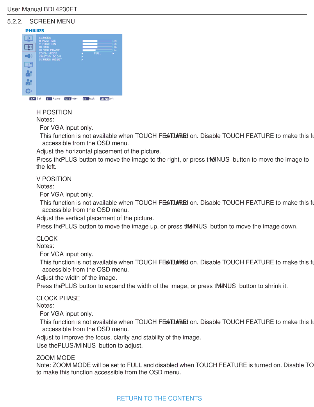 Philips BDL4230ET user manual Position Notes, Clock Phase, Zoom Mode 