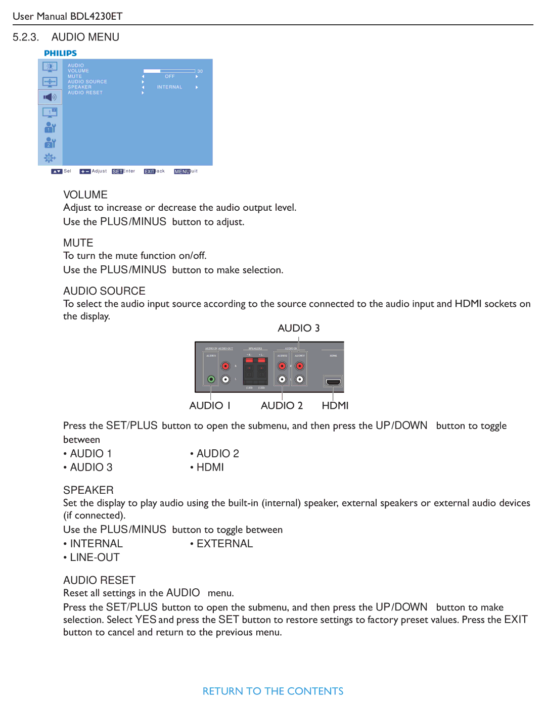 Philips BDL4230ET user manual Volume, Mute, Audio Source, Audio Hdmi Speaker, Internal, LINE-OUT Audio Reset 