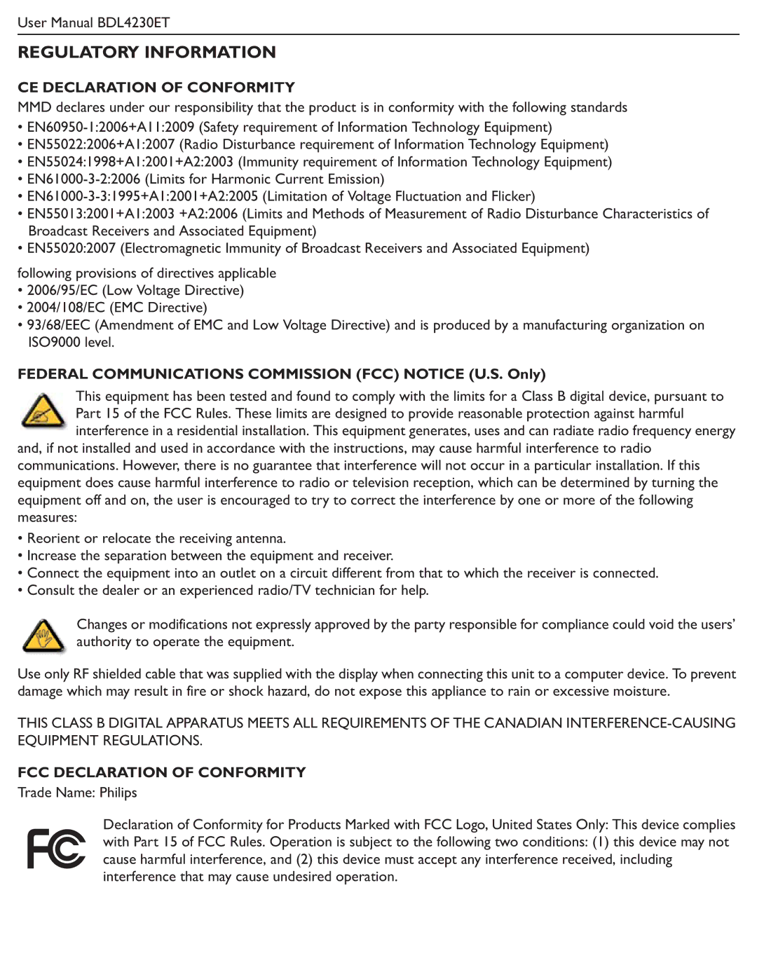 Philips BDL4230ET user manual Regulatory Information, CE Declaration of Conformity, FCC Declaration of Conformity 