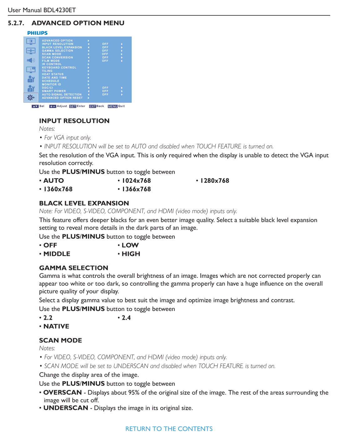 Philips BDL4230ET user manual Input Resolution, Black Level Expansion, Middle High Gamma Selection, Native Scan Mode 