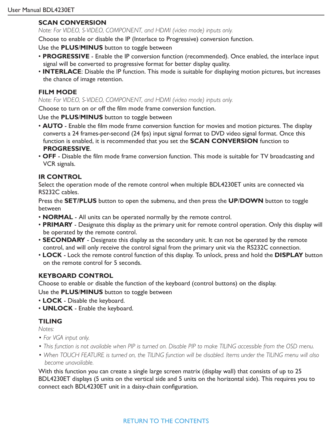 Philips BDL4230ET user manual Scan Conversion, Film Mode, Progressive, IR Control, Keyboard Control, Tiling 