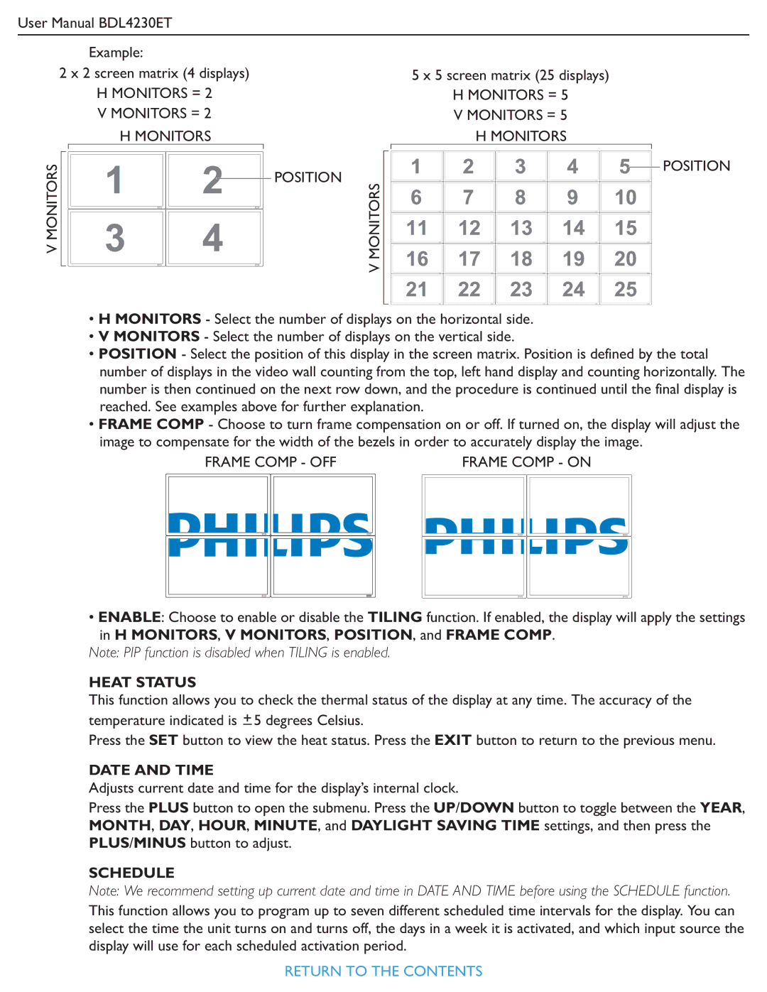 Philips BDL4230ET user manual Heat Status, Date and Time, Schedule 