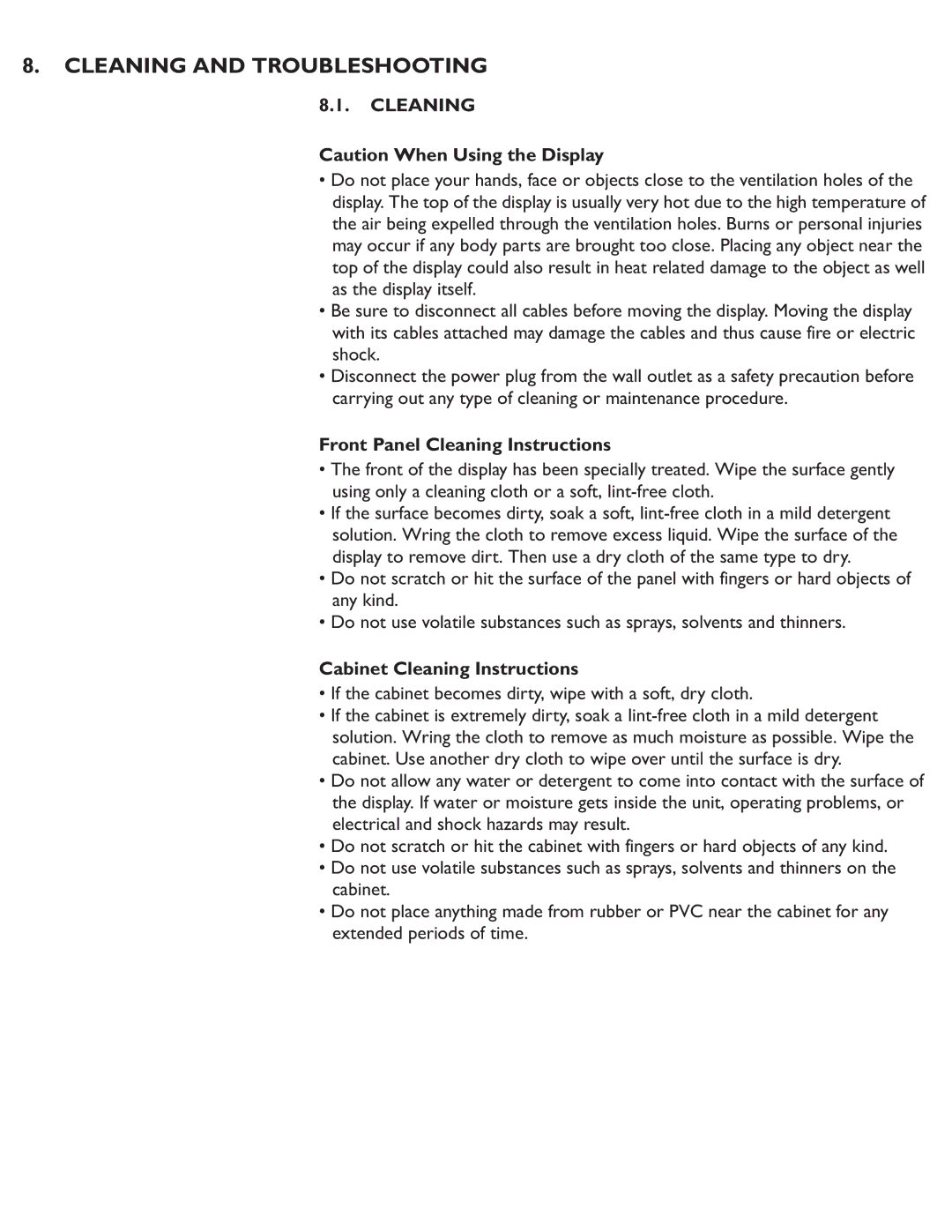 Philips BDL4230ET Cleaning and Troubleshooting, Front Panel Cleaning Instructions, Cabinet Cleaning Instructions 