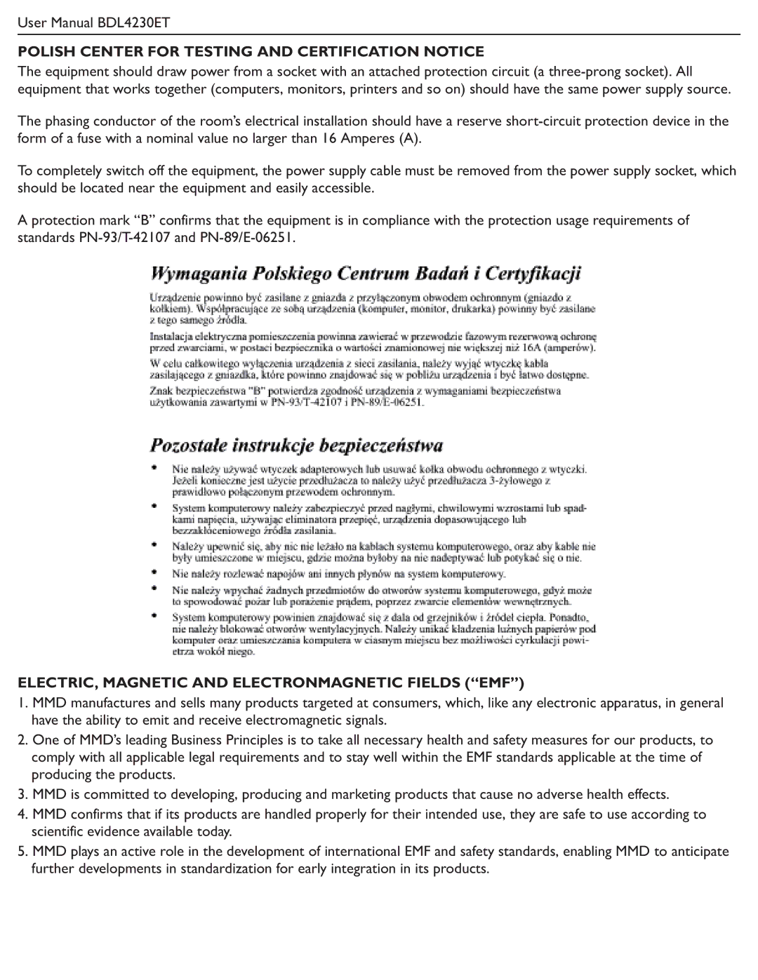 Philips BDL4230ET Polish Center for Testing and Certification Notice, ELECTRIC, Magnetic and Electronmagnetic Fields EMF 