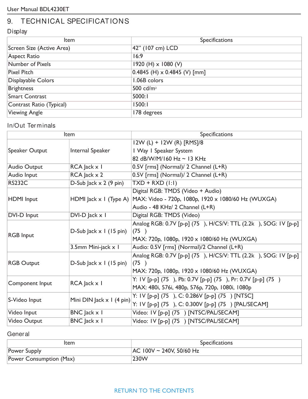 Philips BDL4230ET user manual Technical Specifications, Display, In/Out Terminals, General 