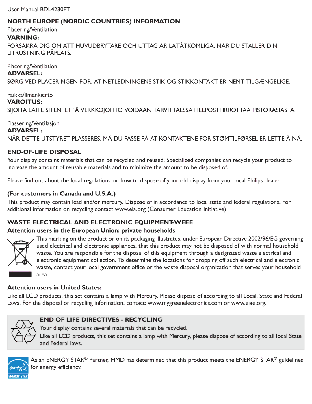 Philips BDL4230ET user manual North Europe Nordic Countries Information, Varning, Varoitus, END-OF-LIFE Disposal 