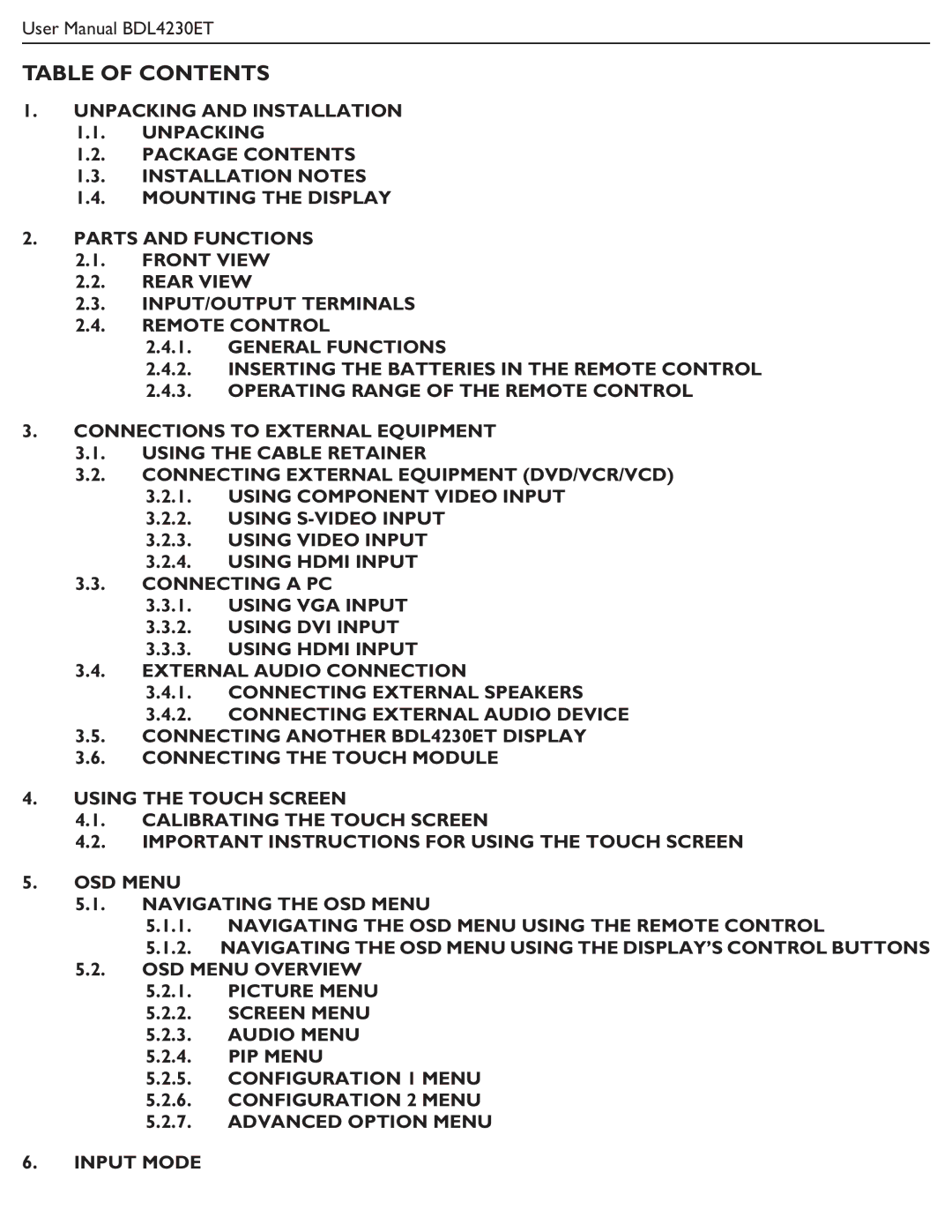 Philips BDL4230ET user manual Table of Contents 