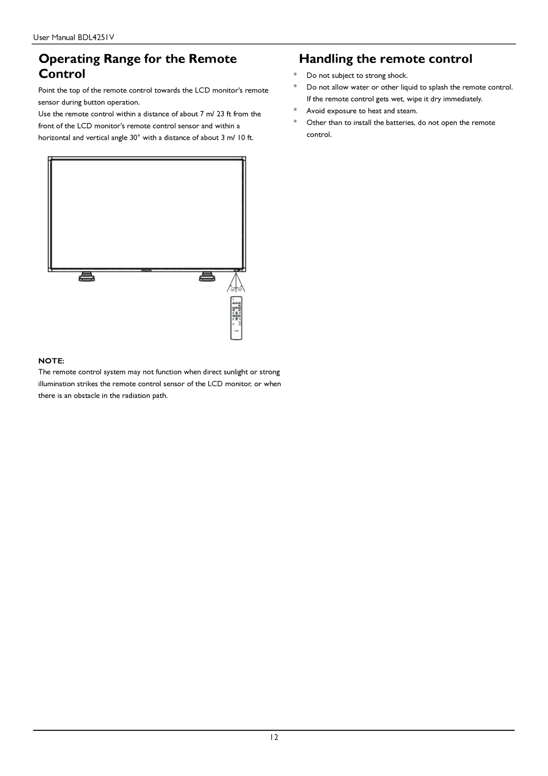 Philips BDL4251V user manual Operating Range for the Remote Control, Handling the remote control 