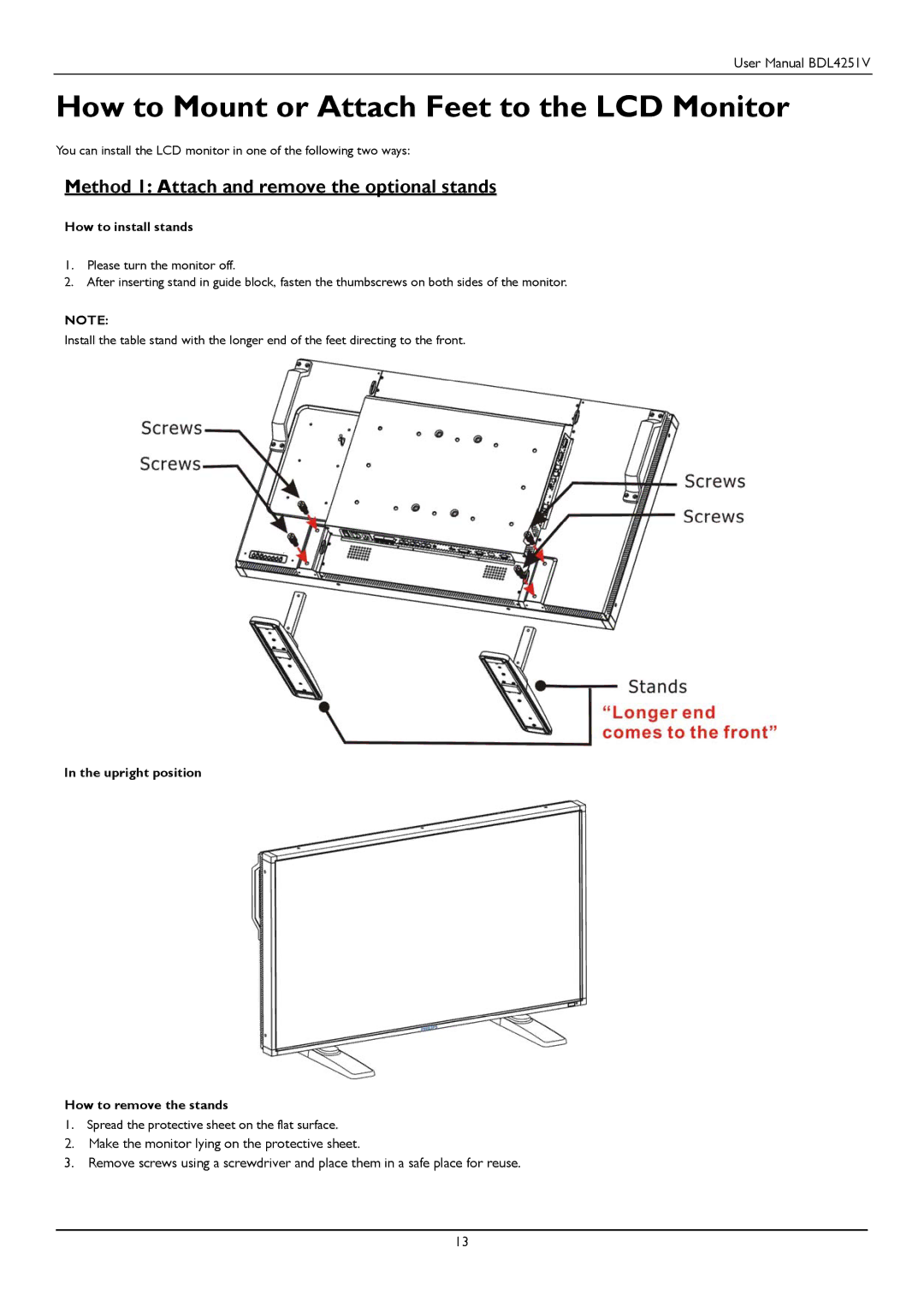 Philips BDL4251V user manual How to Mount or Attach Feet to the LCD Monitor, Method 1 Attach and remove the optional stands 