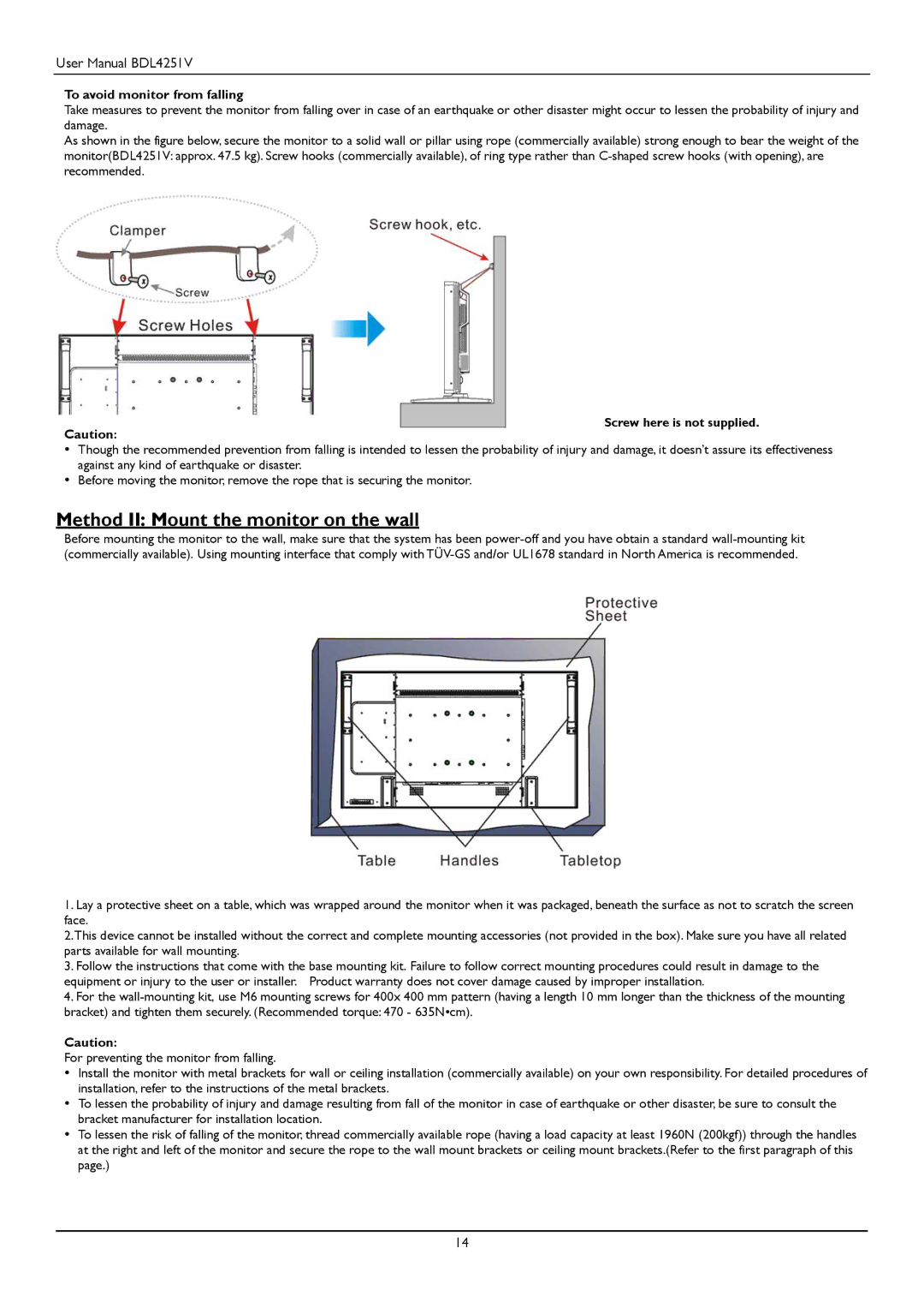 Philips BDL4251V user manual Method II Mount the monitor on the wall, To avoid monitor from falling 