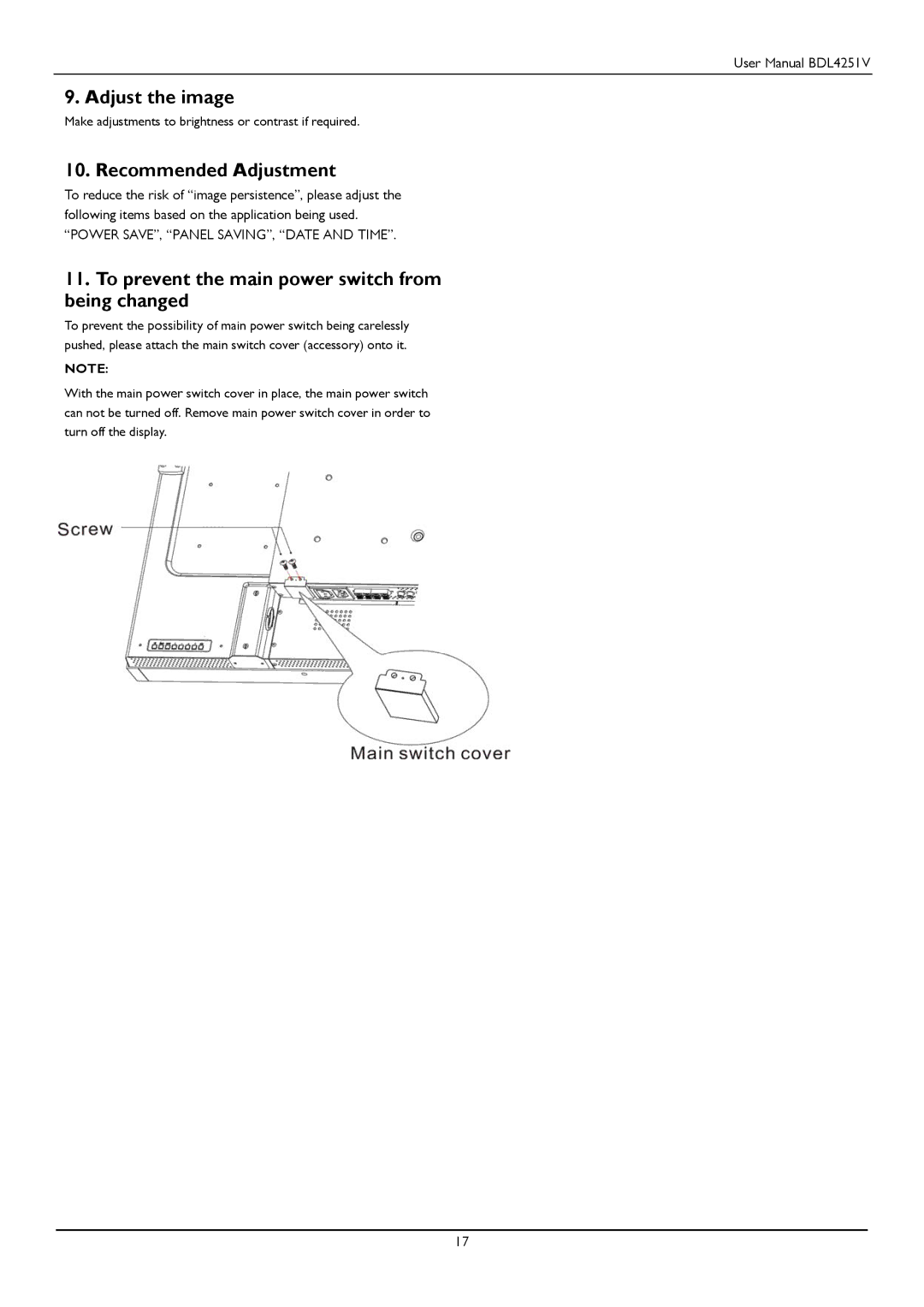 Philips BDL4251V user manual Adjust the image, Recommended Adjustment, To prevent the main power switch from being changed 