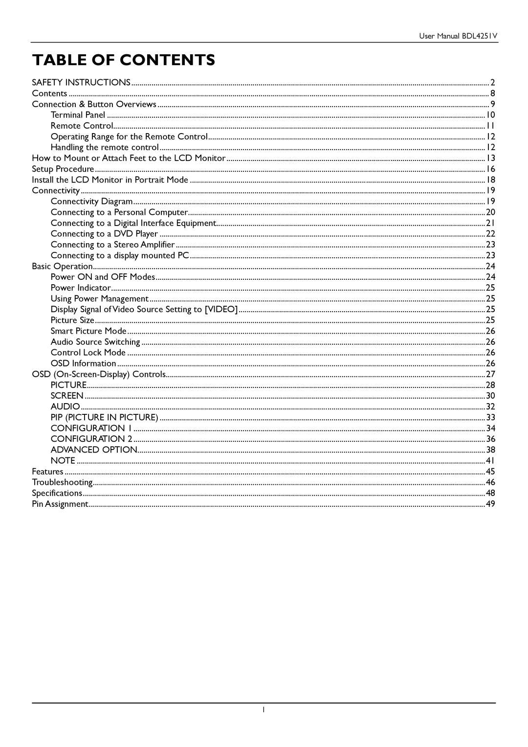 Philips BDL4251V user manual Table of Contents 