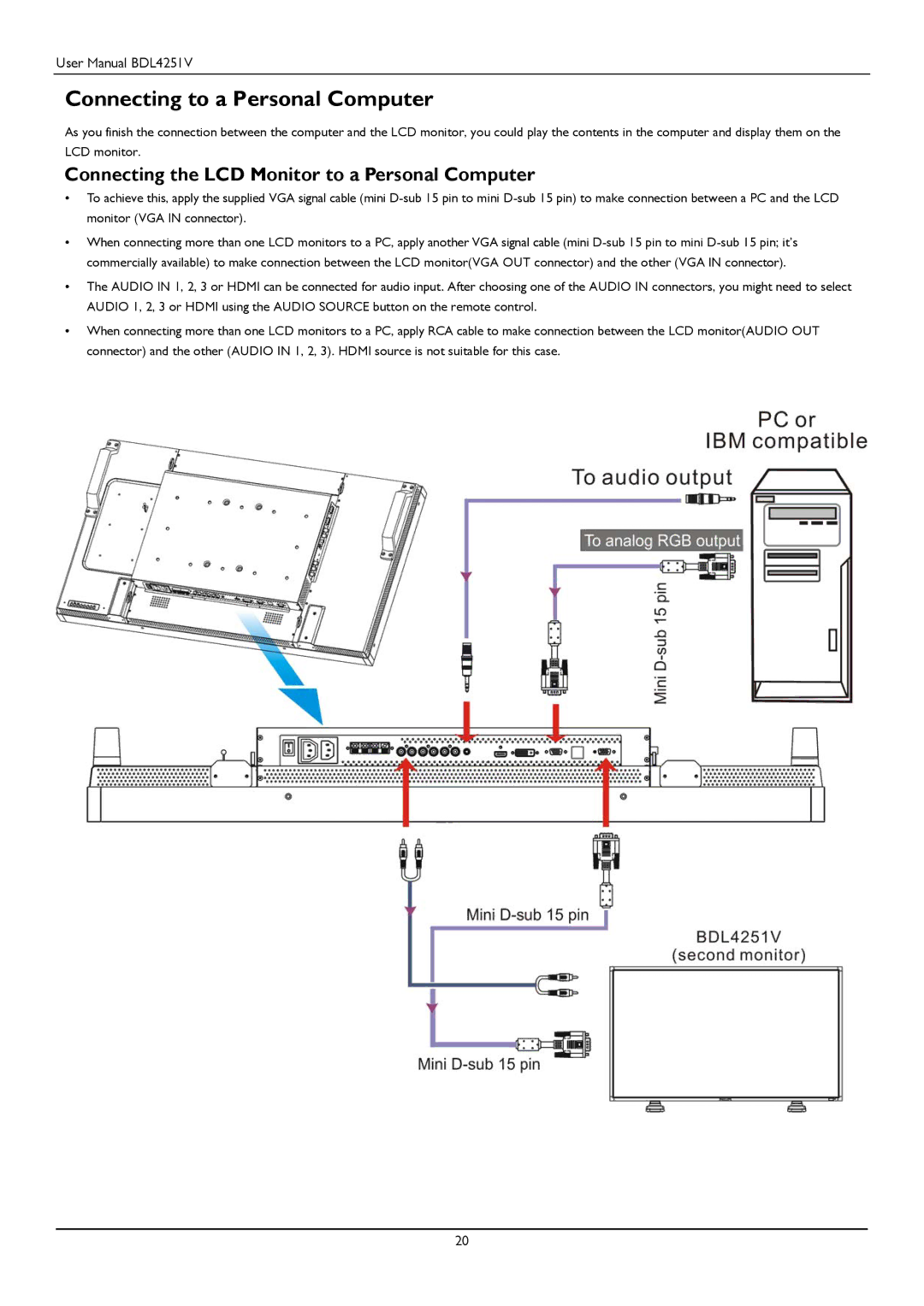 Philips BDL4251V user manual Connecting to a Personal Computer, Connecting the LCD Monitor to a Personal Computer 