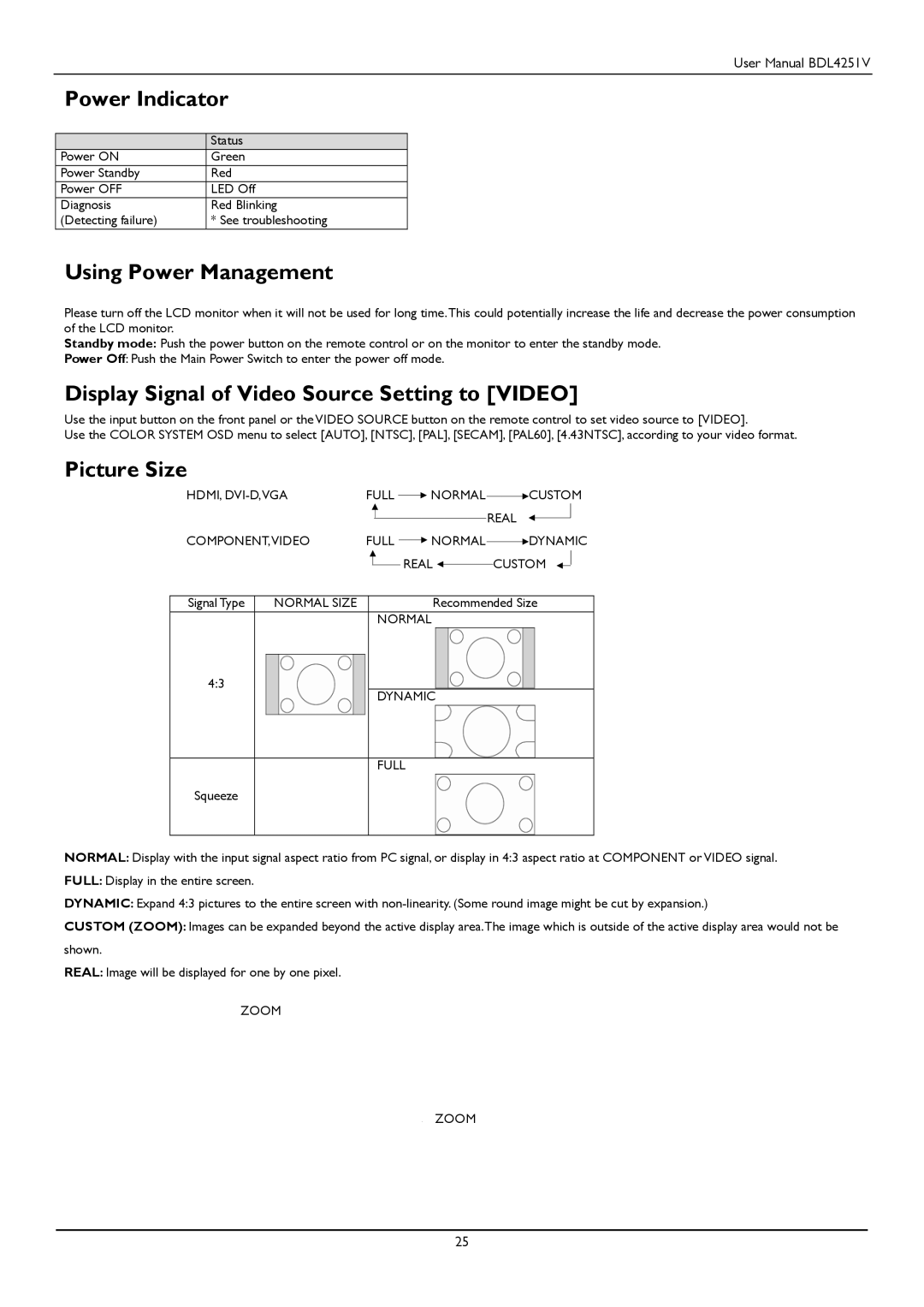 Philips BDL4251V Power Indicator, Using Power Management, Display Signal of Video Source Setting to Video, Picture Size 