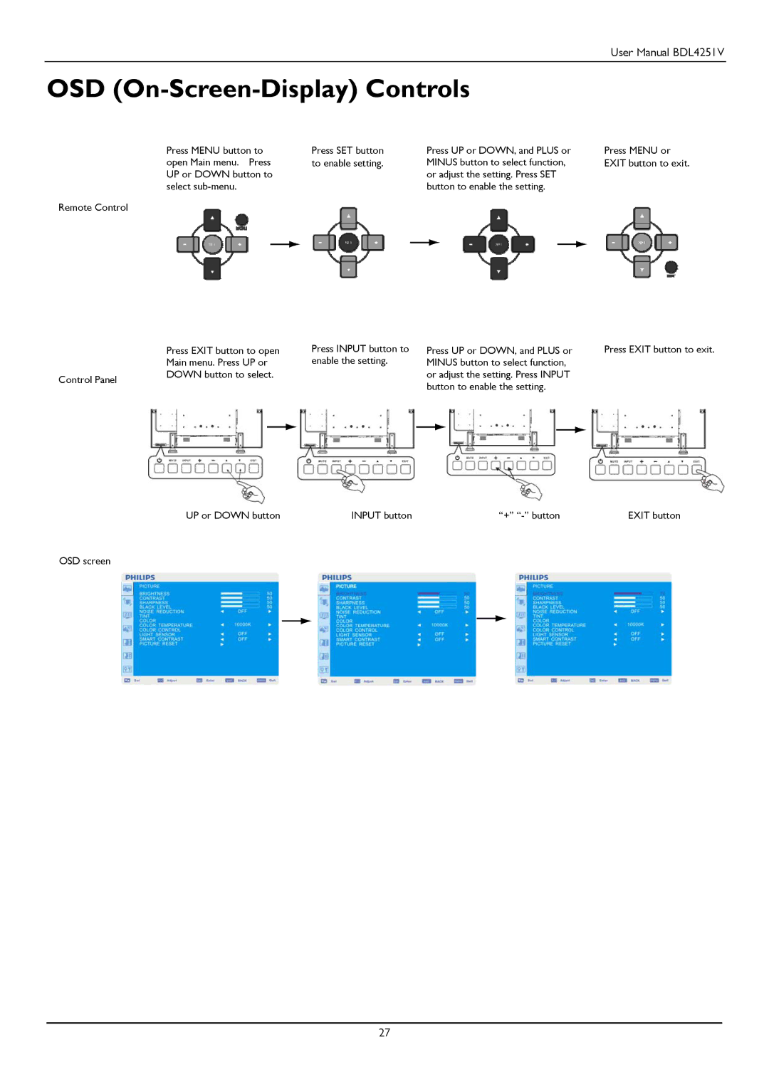 Philips BDL4251V user manual OSD On-Screen-Display Controls 