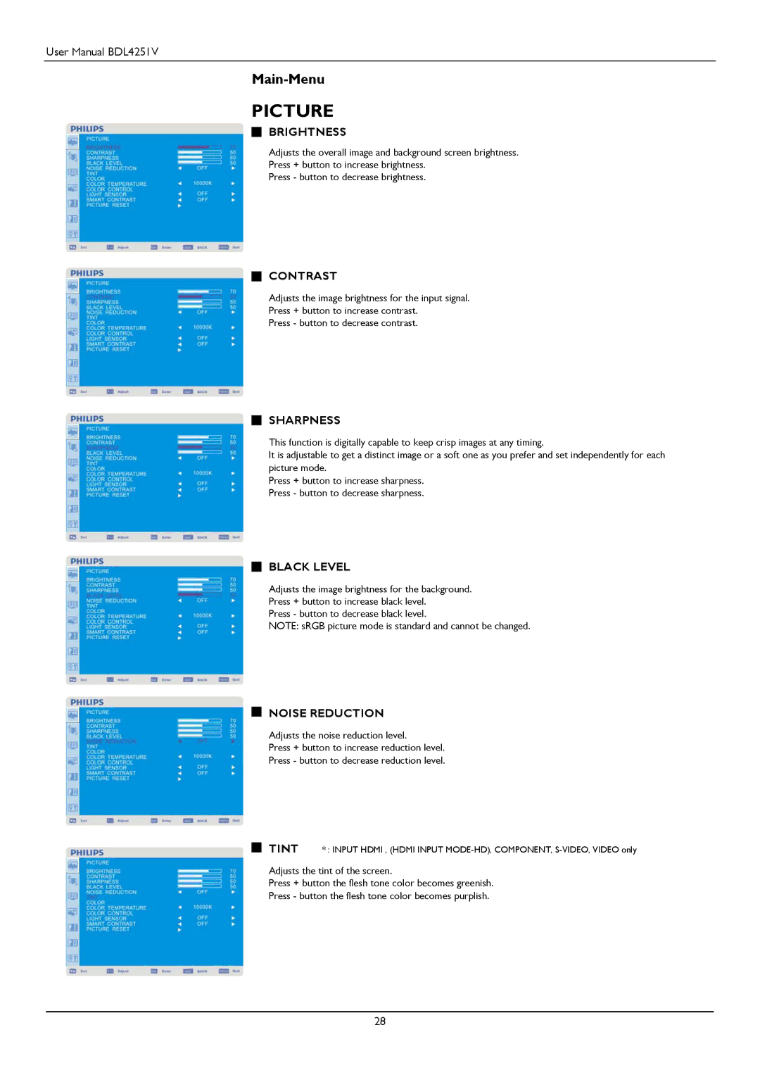 Philips BDL4251V user manual Brightness, Contrast, Sharpness, Black Level, Noise Reduction 