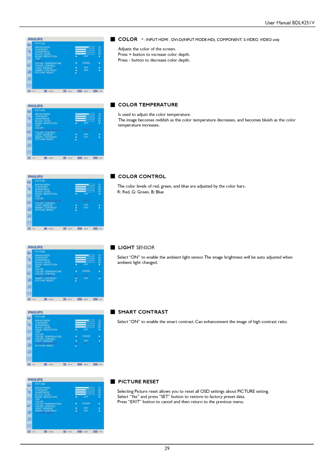Philips BDL4251V user manual Color Temperature, Color Control, Light Sensor, Smart Contrast, Picture Reset 