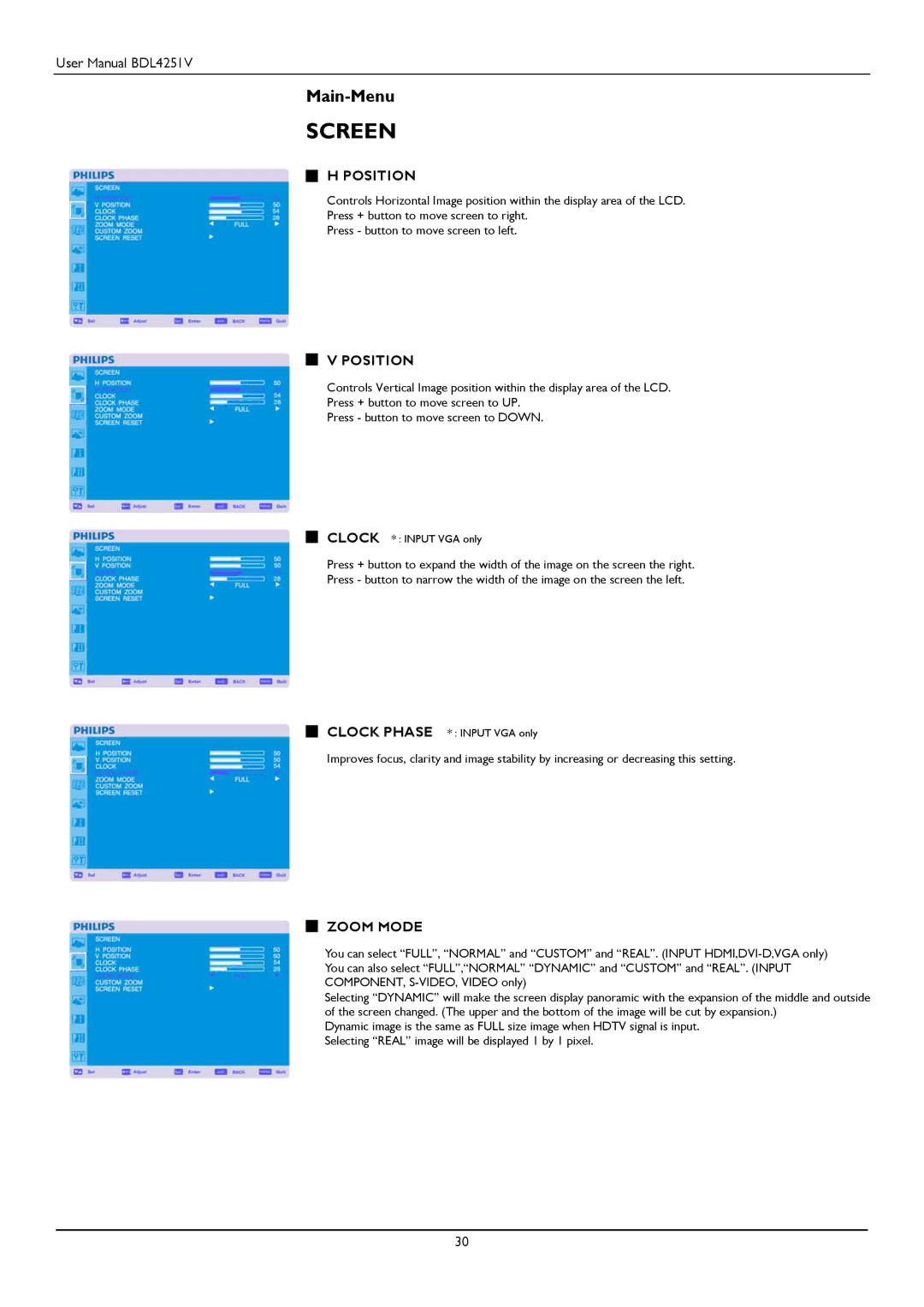 Philips BDL4251V user manual Position, Zoom Mode 