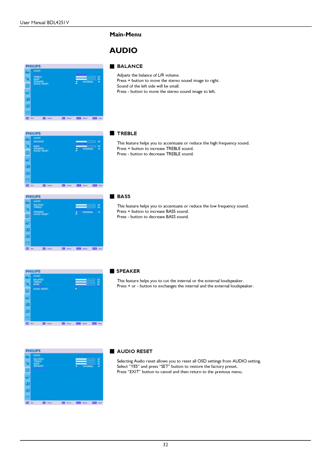 Philips BDL4251V user manual Balance, Treble, Bass, Speaker, Audio Reset 