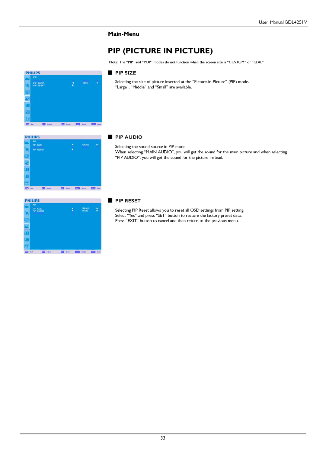 Philips BDL4251V user manual PIP Size, PIP Audio, PIP Reset 