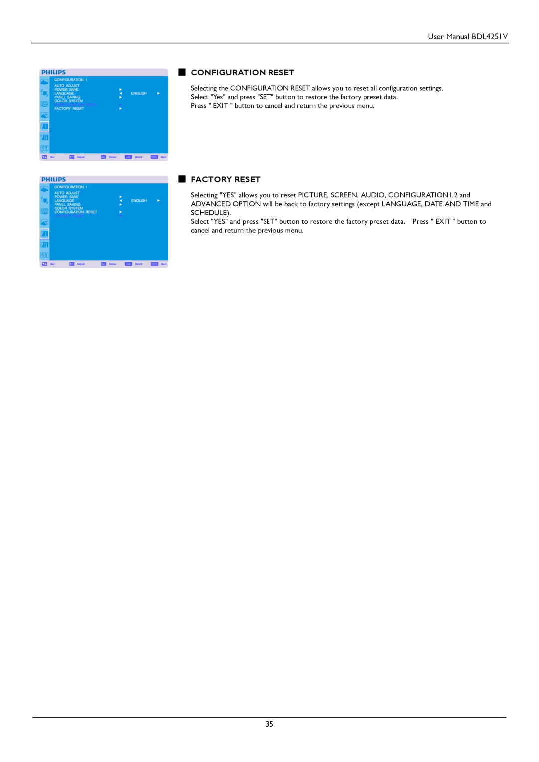 Philips BDL4251V user manual Configuration Reset, Factory Reset 