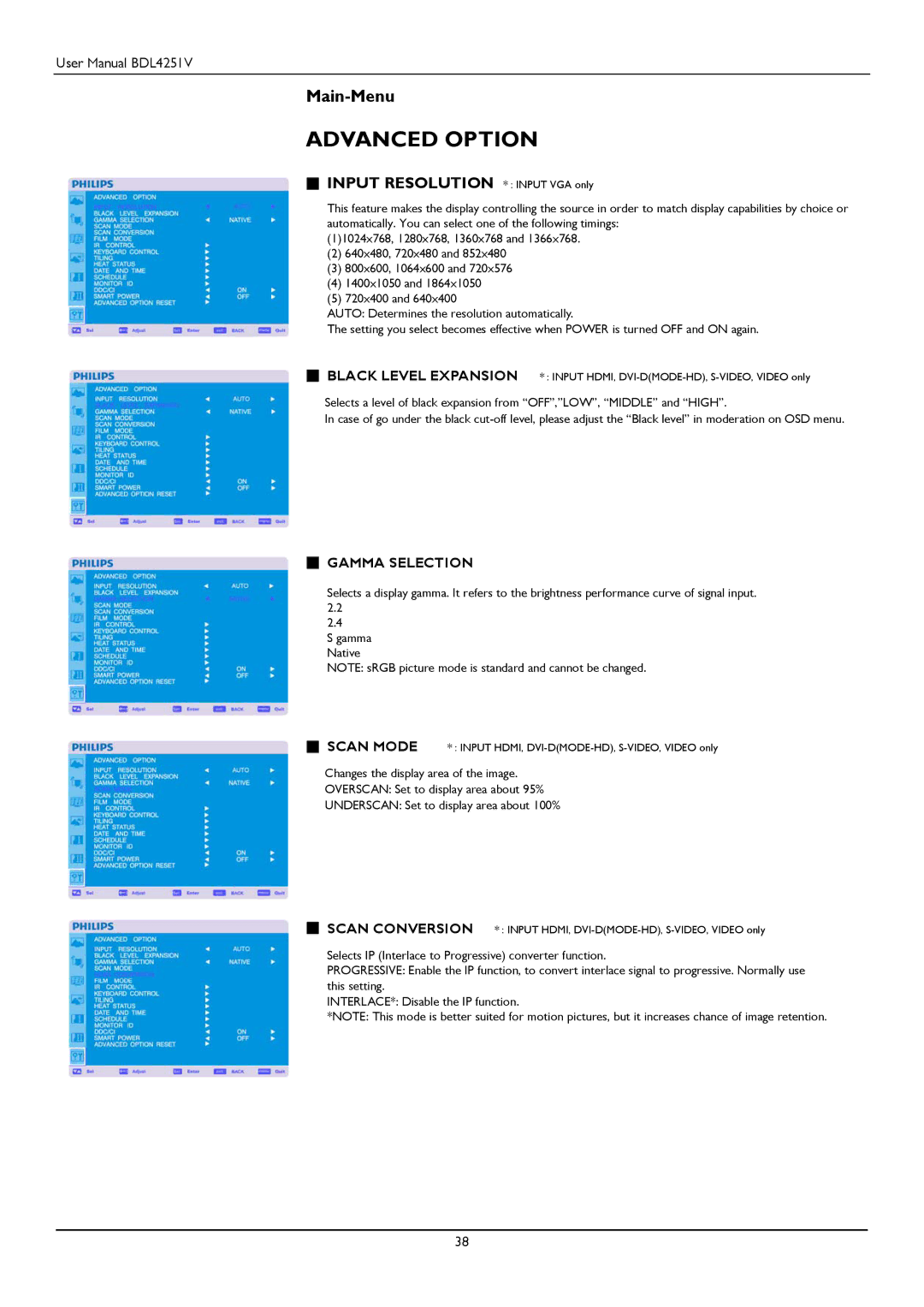 Philips BDL4251V user manual Advanced Option, Gamma Selection 