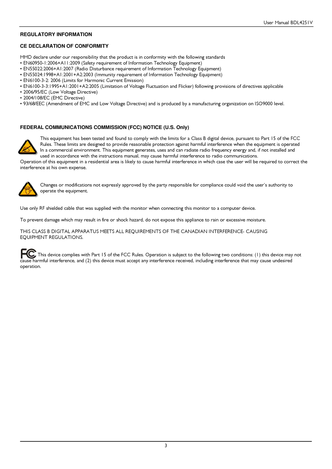 Philips BDL4251V user manual Regulatory Information CE Declaration of Conformity 