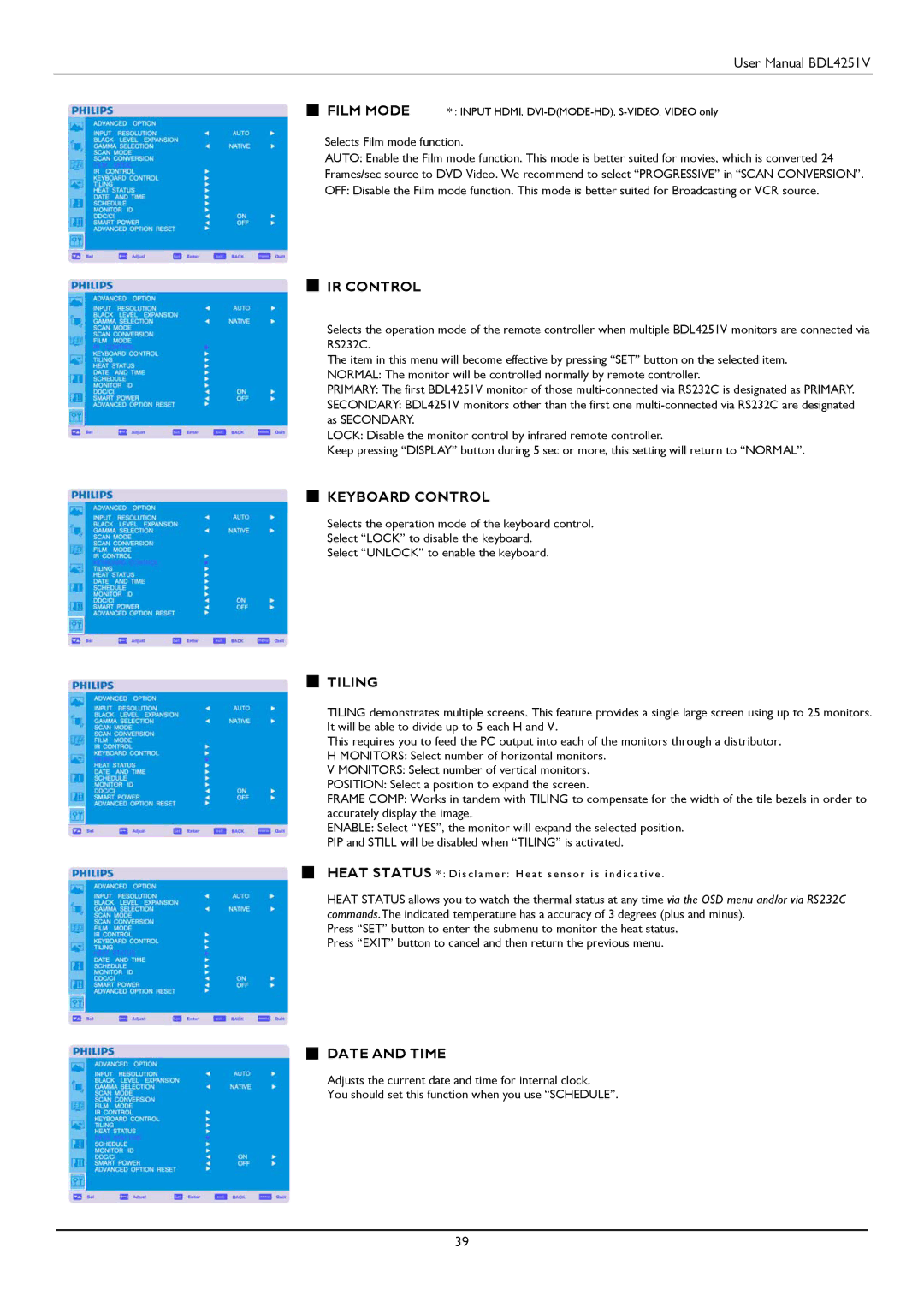 Philips BDL4251V user manual IR Control, Keyboard Control, Tiling, Date and Time 