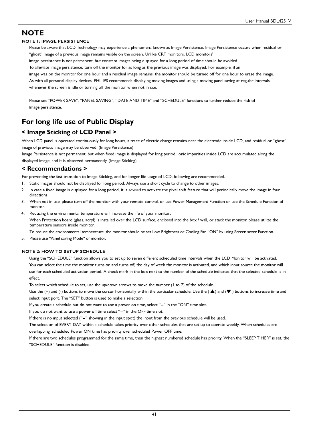 Philips BDL4251V user manual For long life use of Public Display, Image Sticking of LCD Panel, Recommendations 