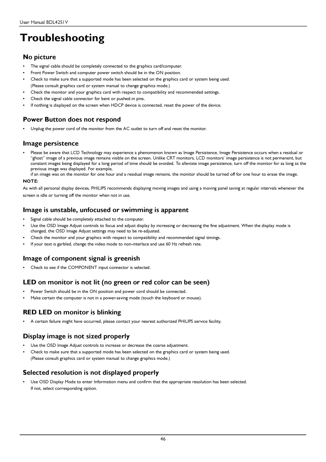 Philips BDL4251V user manual Troubleshooting 