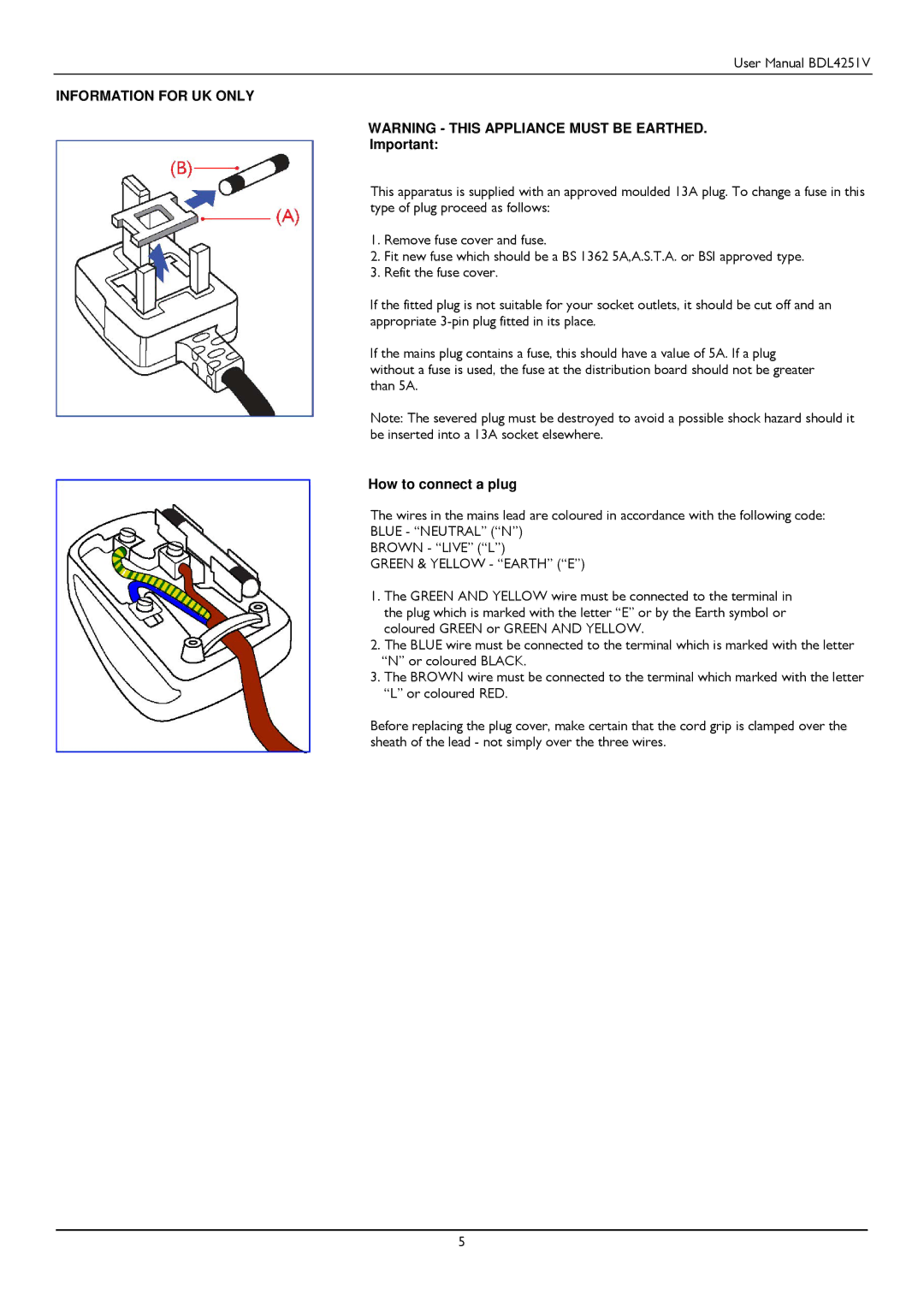 Philips BDL4251V user manual Information for UK only 