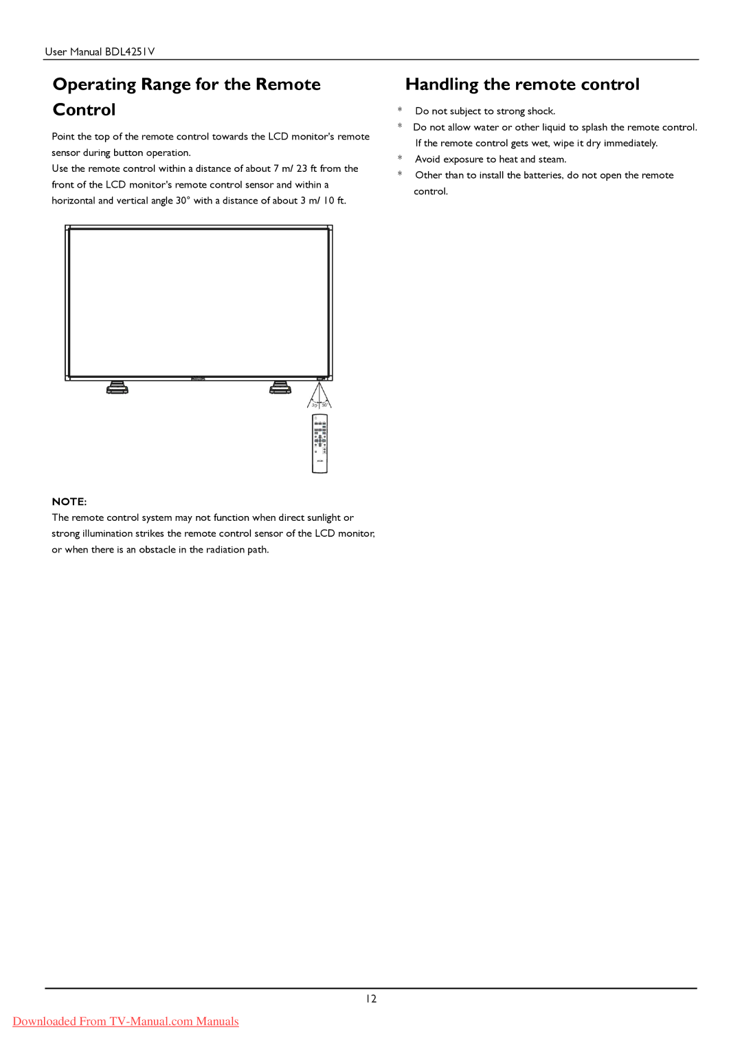 Philips BDL425IV user manual Operating Range for the Remote Control, Handling the remote control 