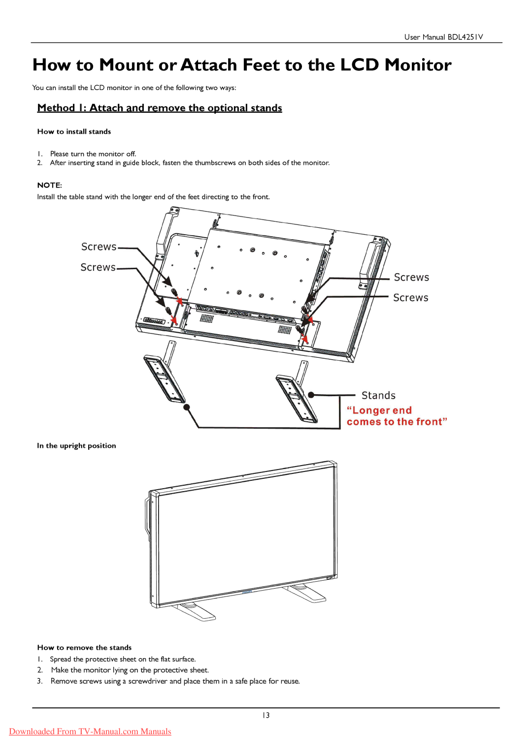 Philips BDL425IV user manual How to Mount or Attach Feet to the LCD Monitor, Method 1 Attach and remove the optional stands 