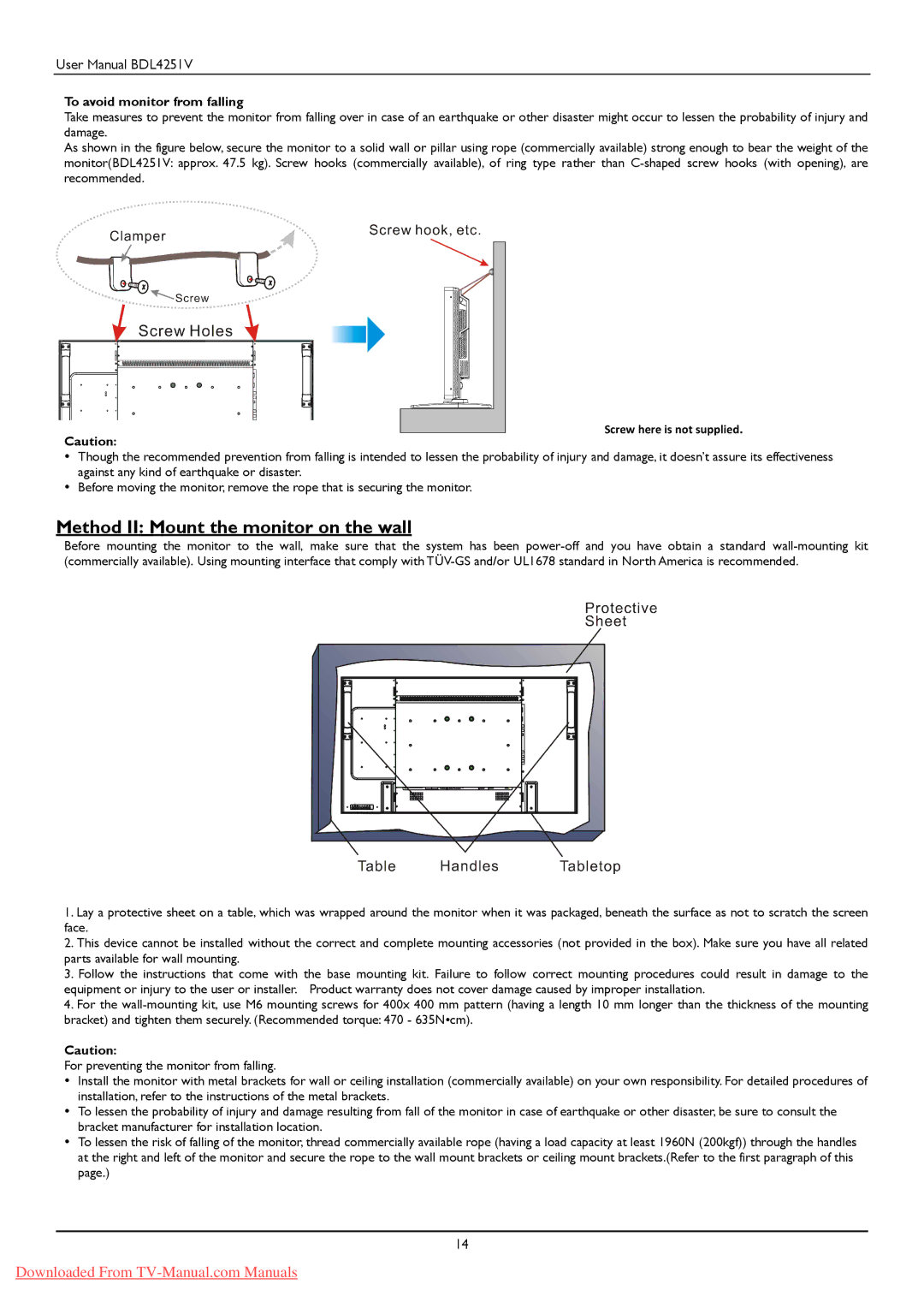 Philips BDL425IV user manual Method II Mount the monitor on the wall, To avoid monitor from falling 