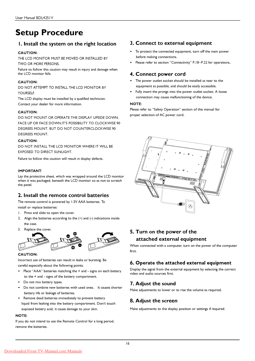 Philips BDL425IV user manual Setup Procedure 