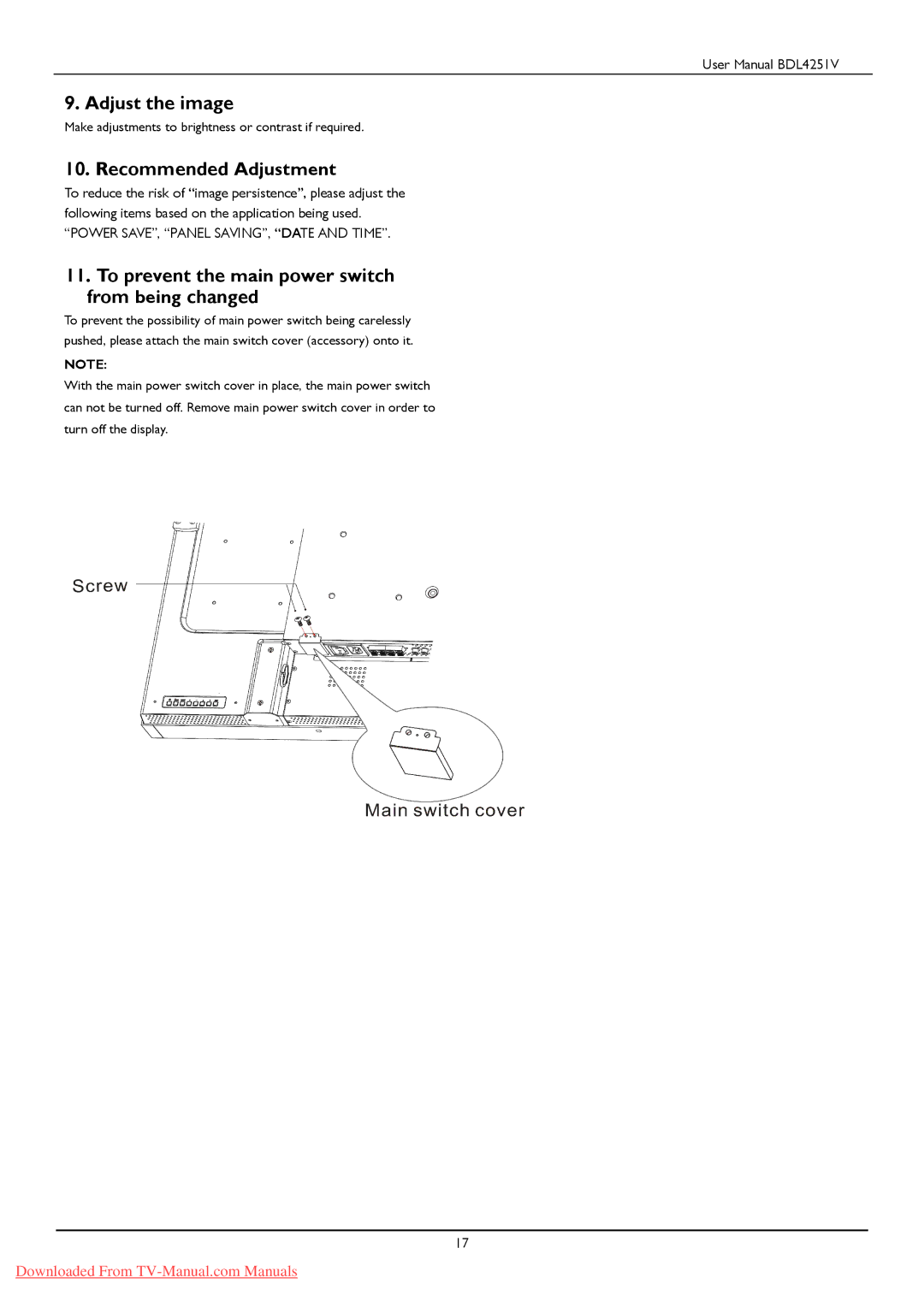 Philips BDL425IV user manual Adjust the image, Recommended Adjustment, To prevent the main power switch from being changed 