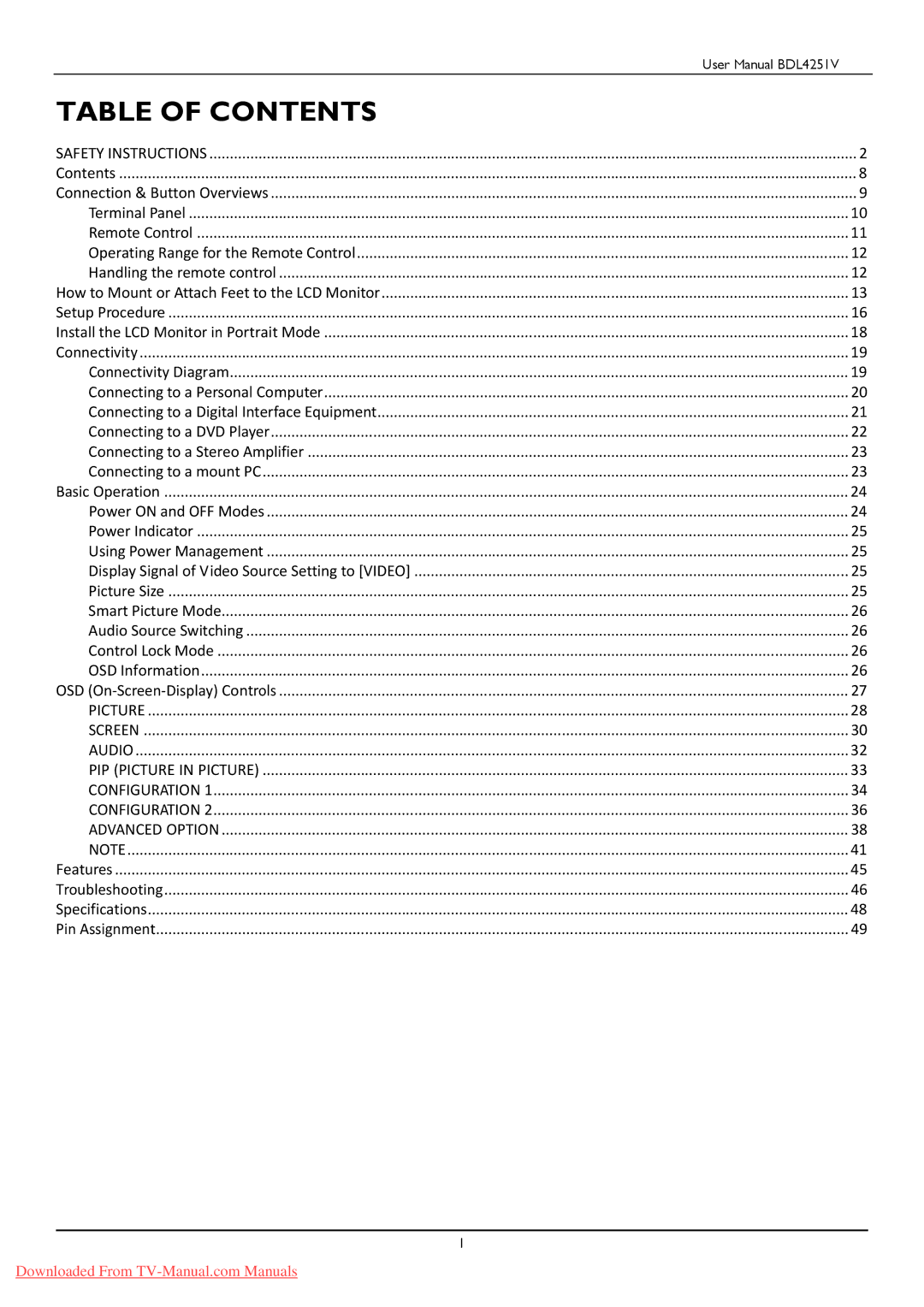 Philips BDL425IV user manual Table of Contents 