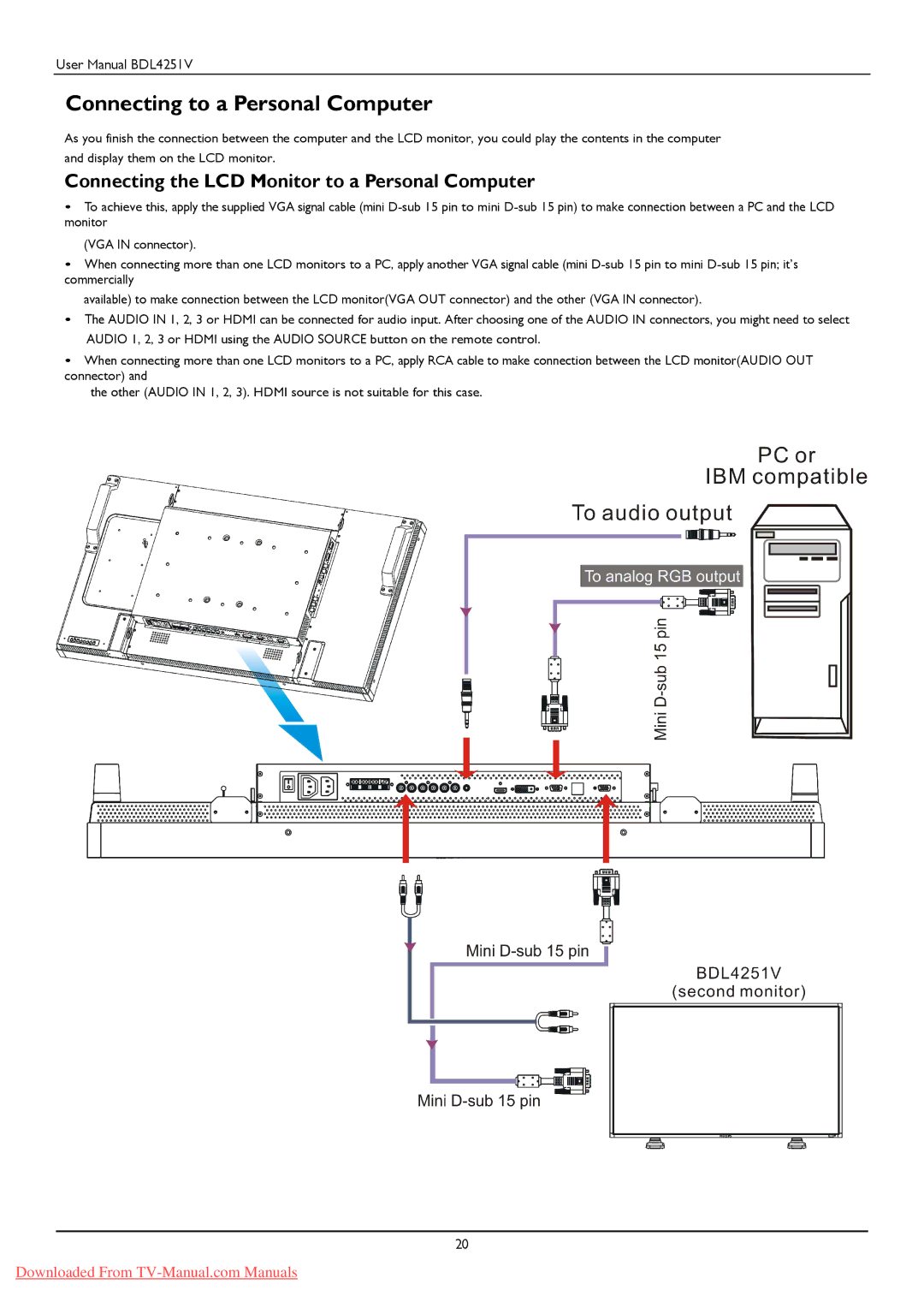 Philips BDL425IV user manual Connecting to a Personal Computer, Connecting the LCD Monitor to a Personal Computer 