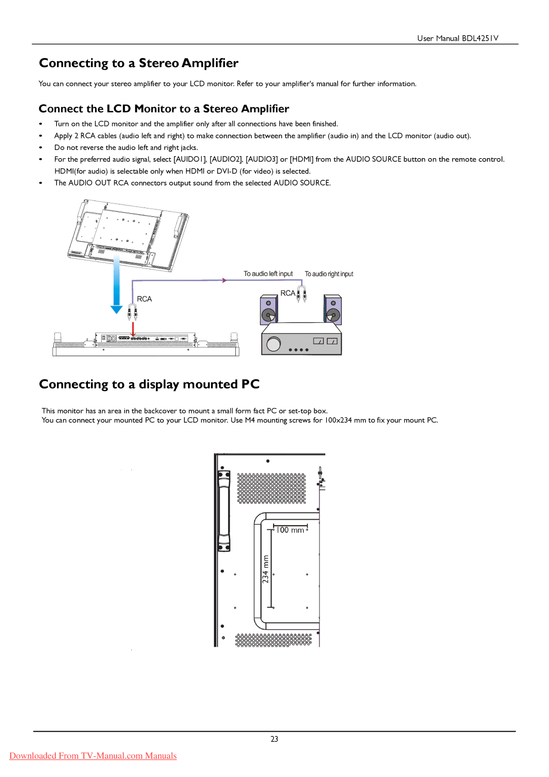 Philips BDL425IV user manual Connecting to a Stereo Amplifier, Connecting to a display mounted PC 