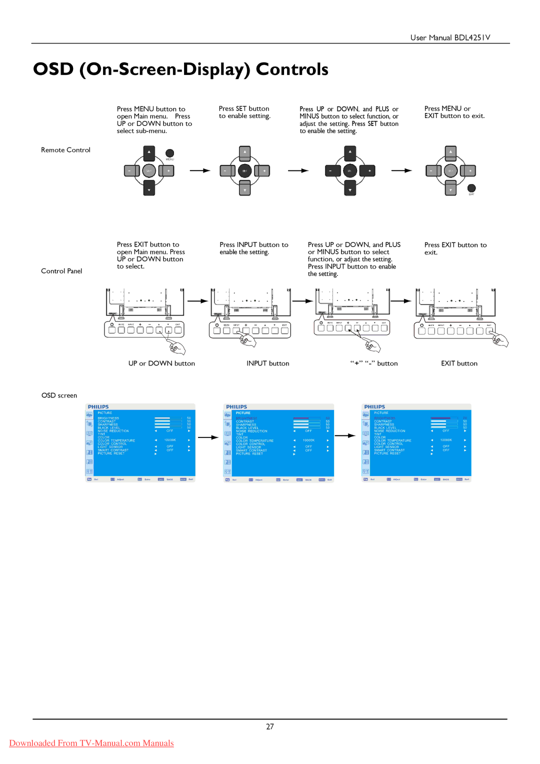 Philips BDL425IV user manual OSD On-Screen-Display Controls 