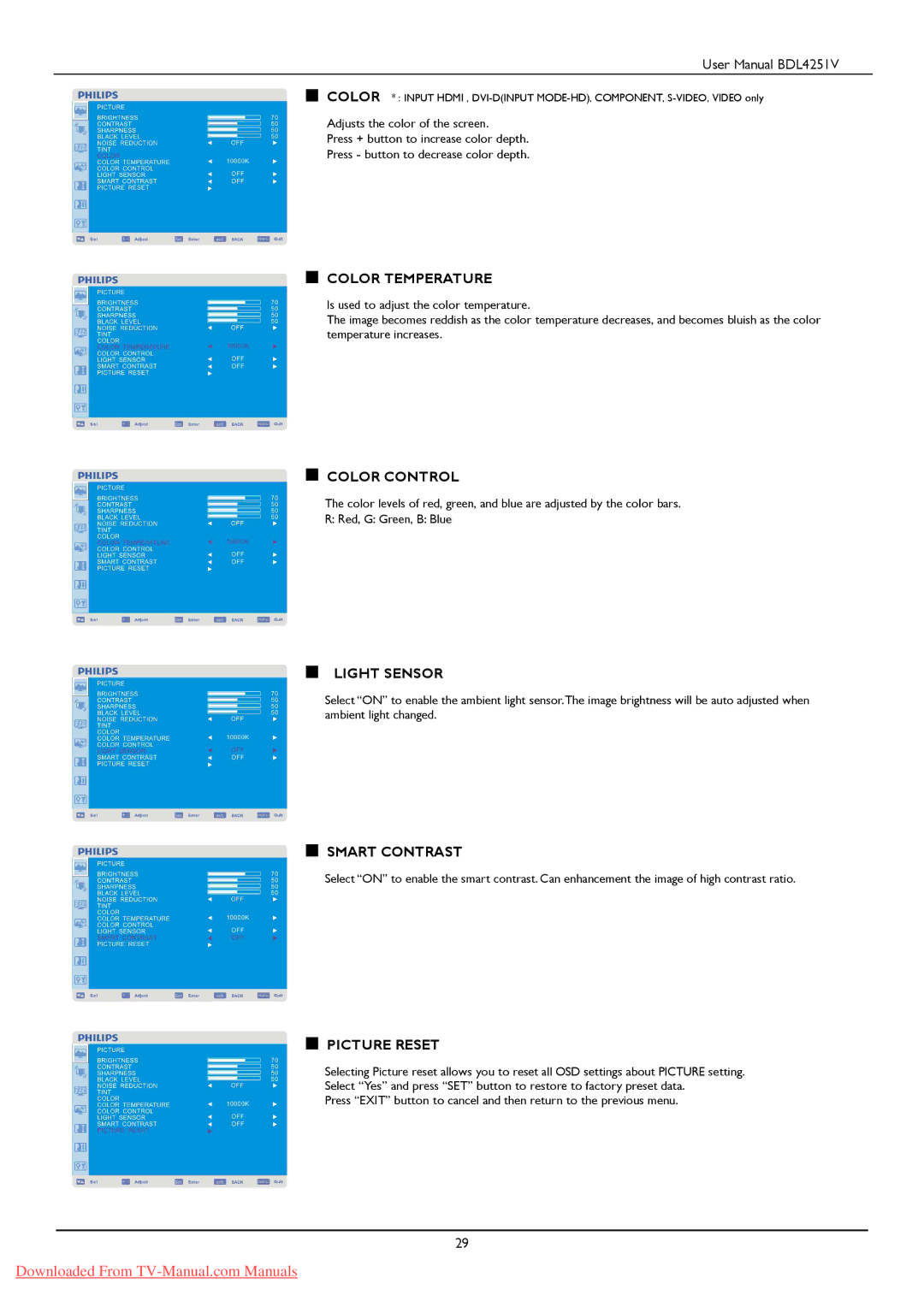 Philips BDL425IV user manual Color Temperature, Color Control, Light Sensor, Smart Contrast, Picture Reset 