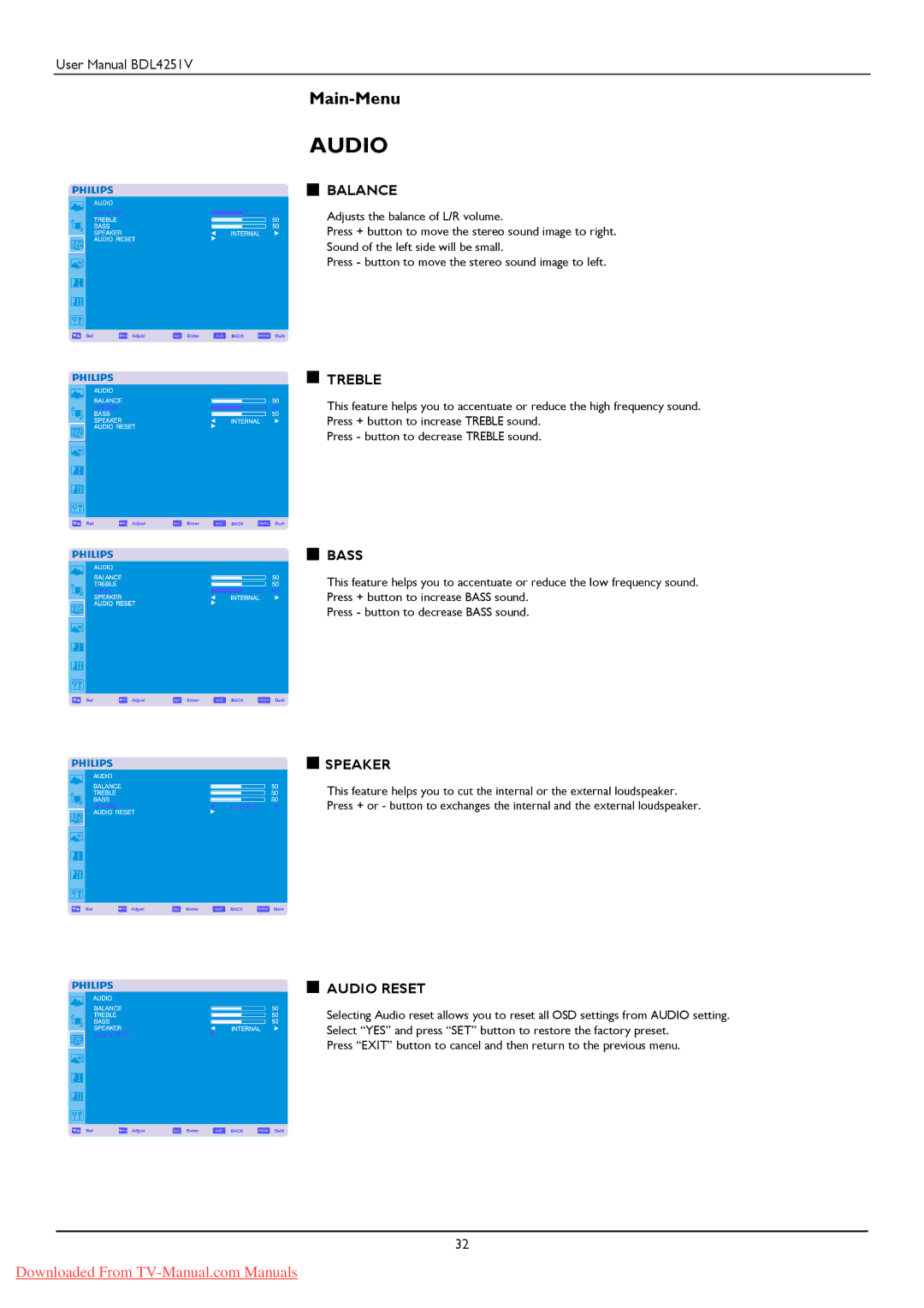 Philips BDL425IV user manual Balance, Treble, Bass, Speaker, Audio Reset 