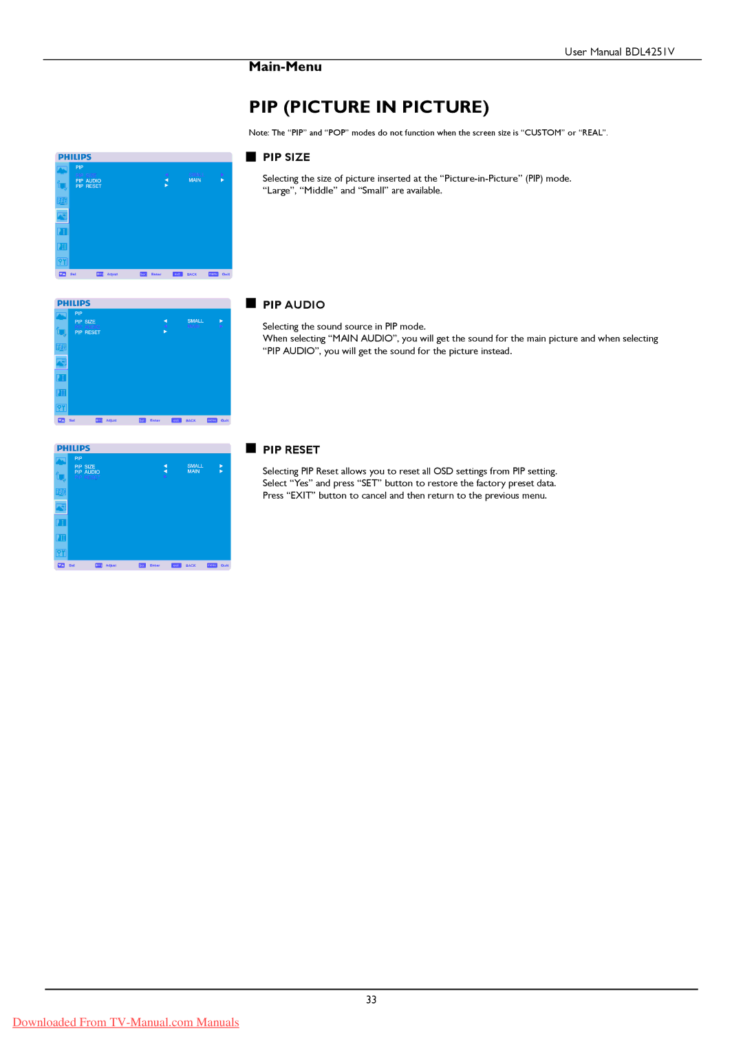 Philips BDL425IV user manual PIP Size, PIP Audio, PIP Reset 