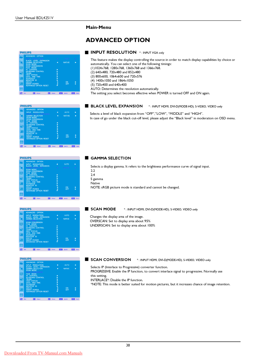 Philips BDL425IV user manual Advanced Option, Gamma Selection 