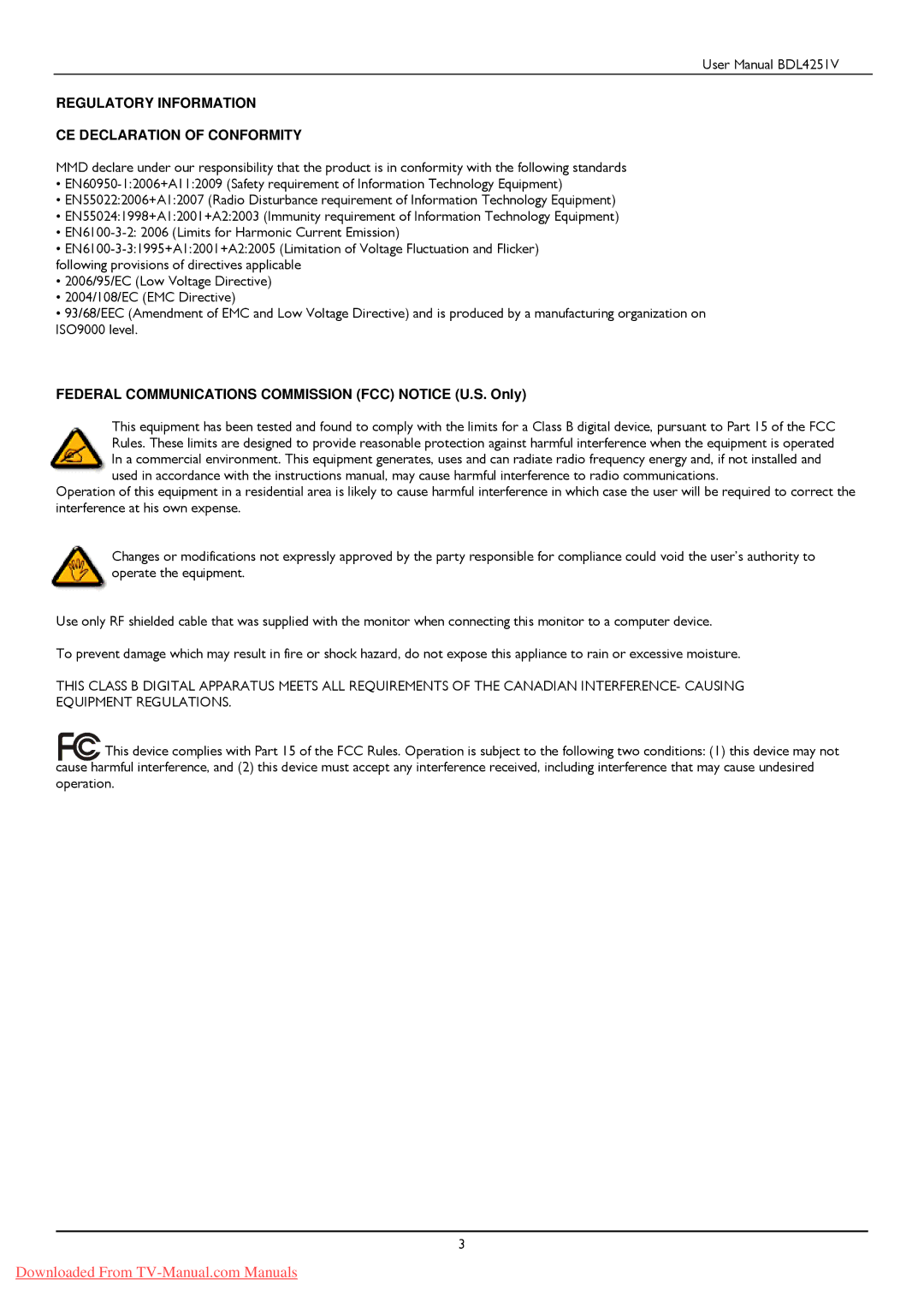 Philips BDL425IV user manual Regulatory Information CE Declaration of Conformity 