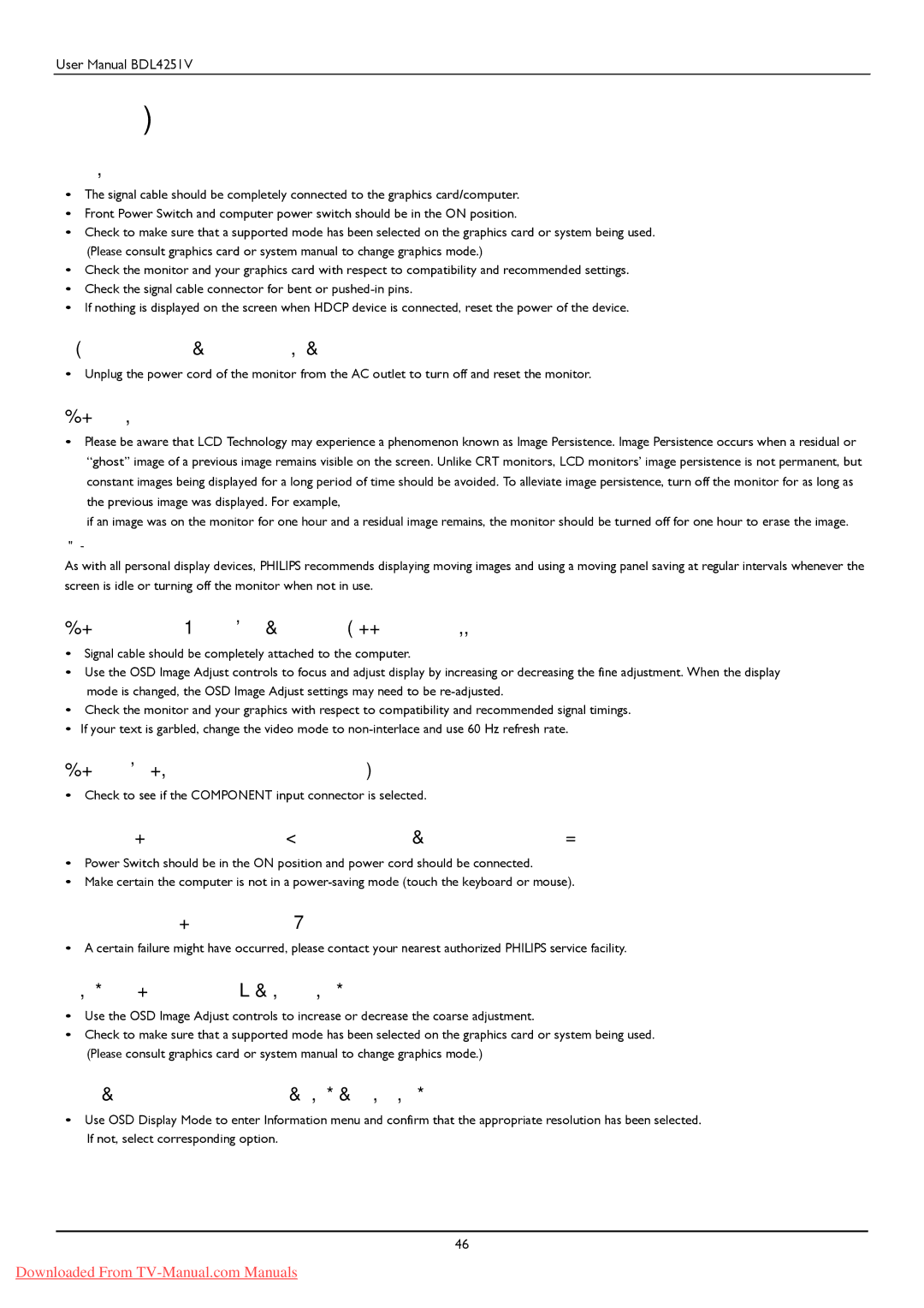 Philips BDL425IV user manual Troubleshooting 