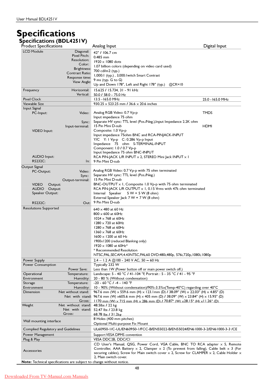 Philips BDL425IV user manual Specifications BDL4251V 