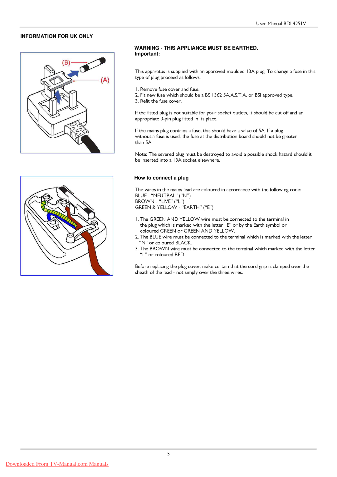 Philips BDL425IV user manual Information for UK only 